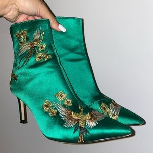 Zara Green Floral Embroidered Satin Ankle Boots